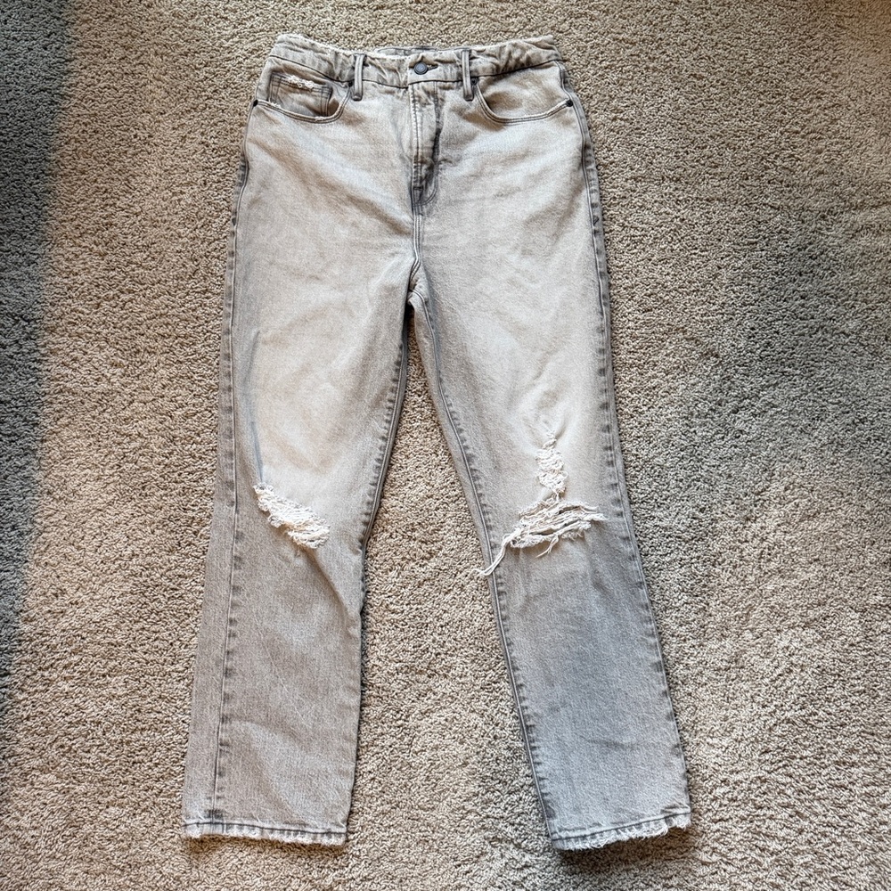 Good American Light Gray Distressed Straight Leg Jeans